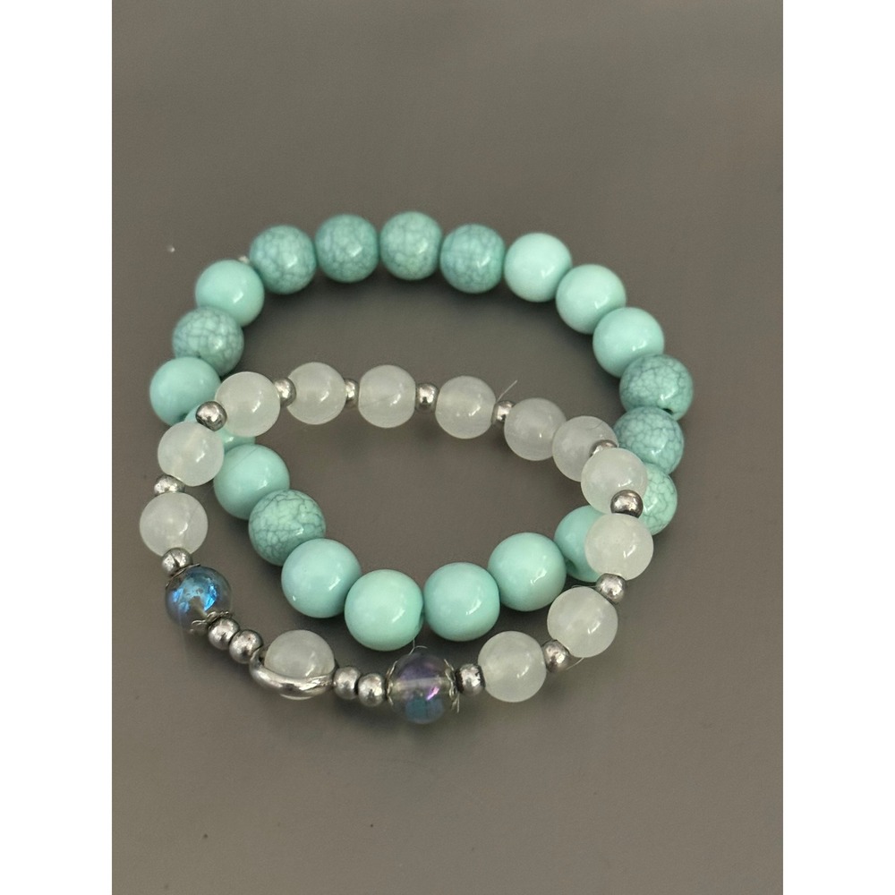 Turquoise Toned & White Beaded Stretch Bracelet Set Bohemian 2pc Stack